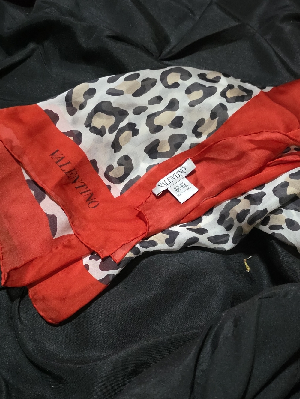 VALENTINO LEOPARD PRINT/RED TRIM SILK SCARF